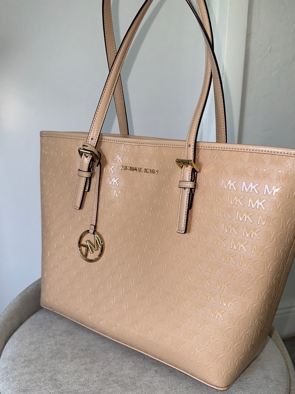 Michael Kors Nude/Beige MK Embossed Tote with Gold Hardware